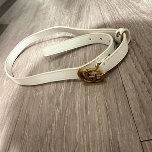 Gg White Leather Belt with Gold Buckle